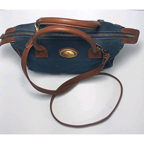 VTG Etienne Aigner Navy Blue Canvas Brown Leather Bag W/ Should Strap 10x8 1/2" - Picture 2 of 5